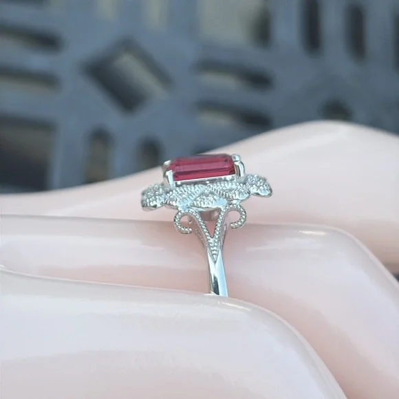 Emerald Cut 1.75 tcw Genuine Ruby & Diamond Ring Sterling Silver Size 7 - Picture 6 of 13